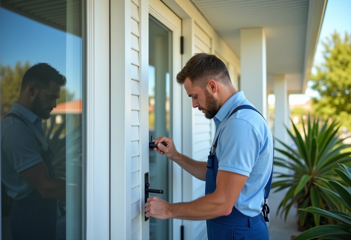 Locksmith fitting a new lock to a coastal cottage door — Turramurra